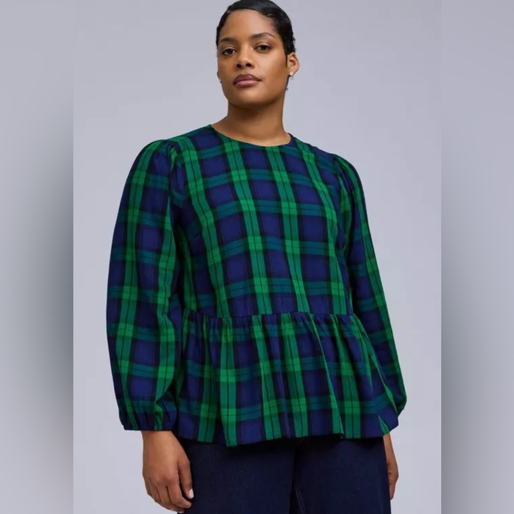 torrid Belle Isle NWOT Green and Navy Plaid Peplum Top